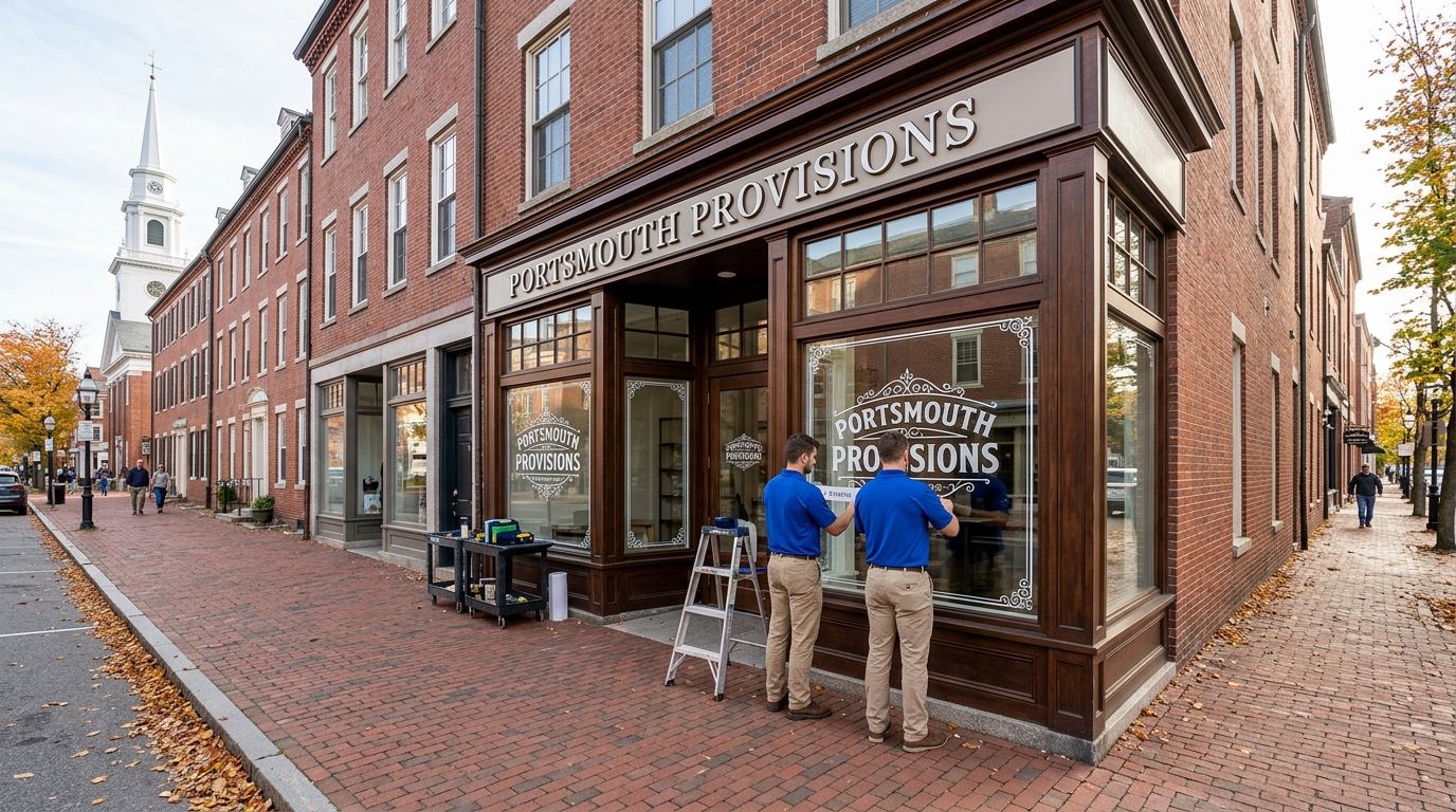 Graphic installation in Manchester, New Hampshire: storefront and window graphics by NGI